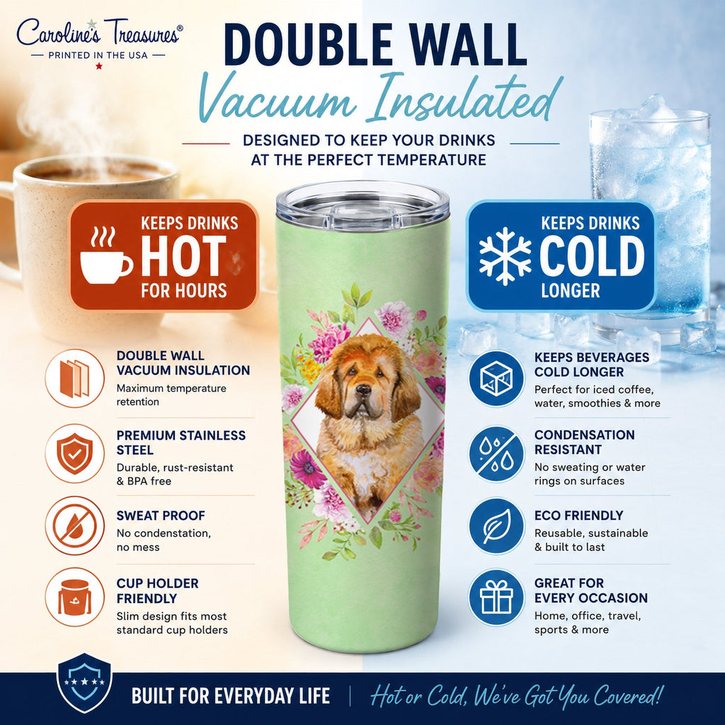 Tibetian Mastiff Puppy Green Flowers Stainless Steel Skinny Tumbler 20 oz Vacuum Double Walled Reusable Insulated Travel Cup