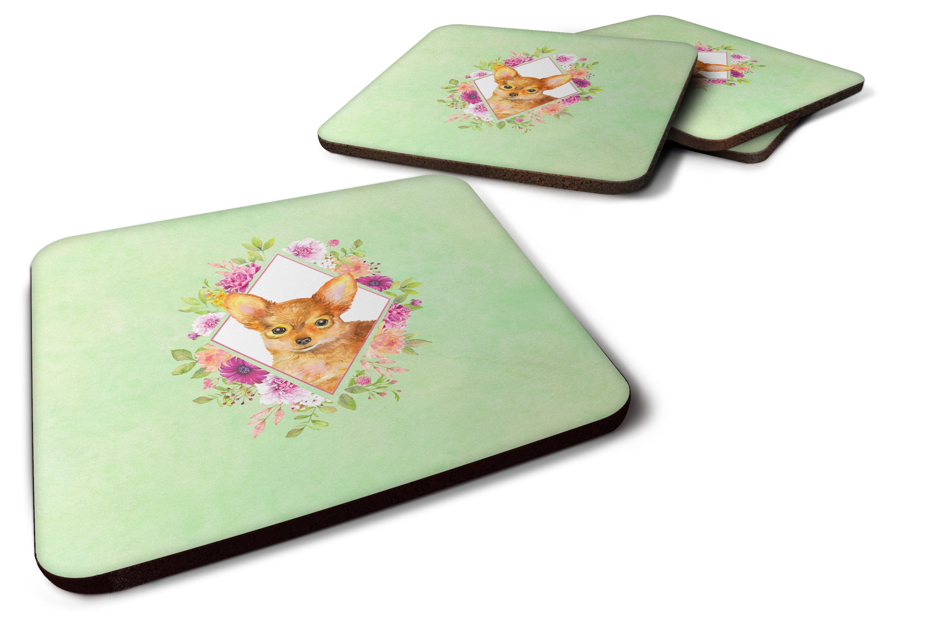 Toy Terrier Green Flowers Foam Coasters Set of 4 Cup Coasters for Indoor Outdoor, Tabletop Protection, Anti Slip, Mouse pad Material