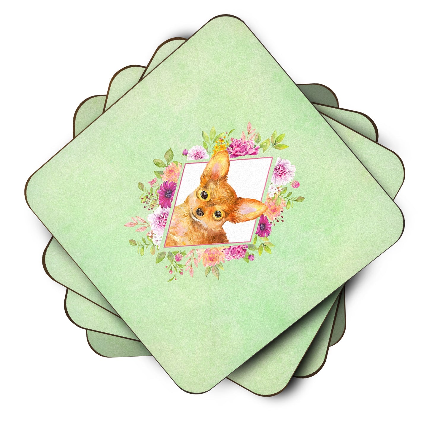 Toy Terrier Green Flowers Foam Coasters Set of 4 Cup Coasters for Indoor Outdoor, Tabletop Protection, Anti Slip, Mouse pad Material