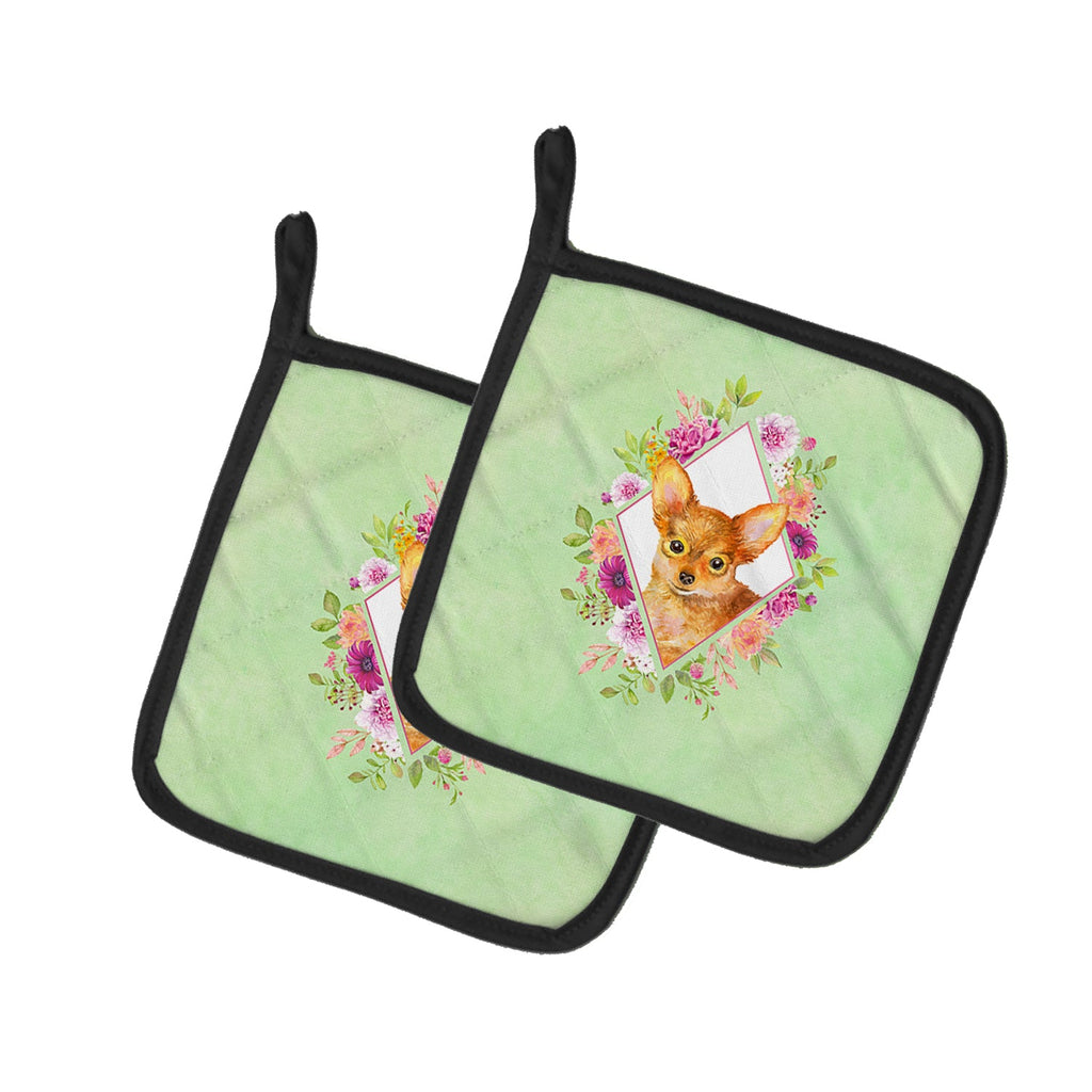 Toy Terrier Green Flowers Pot Holder Set of 2 Heat Resistant Quilted Hot Pads 7.5 x 7.5 Inch, Insulated Kitchen Trivets for Cooking & Baking