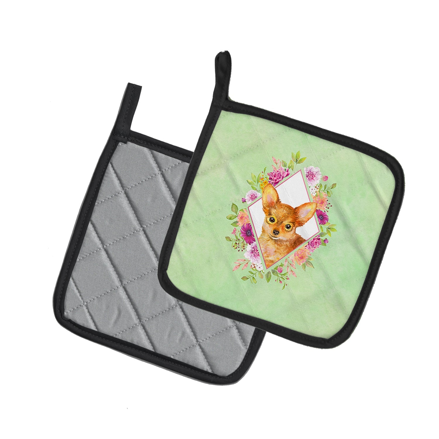 Toy Terrier Green Flowers Pot Holder Set of 2 Heat Resistant Quilted Hot Pads 7.5 x 7.5 Inch, Insulated Kitchen Trivets for Cooking & Baking