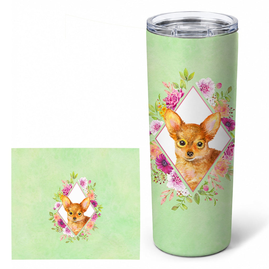 Toy Terrier Green Flowers Stainless Steel Skinny Tumbler 20 oz Vacuum Double Walled Reusable Insulated Travel Cup