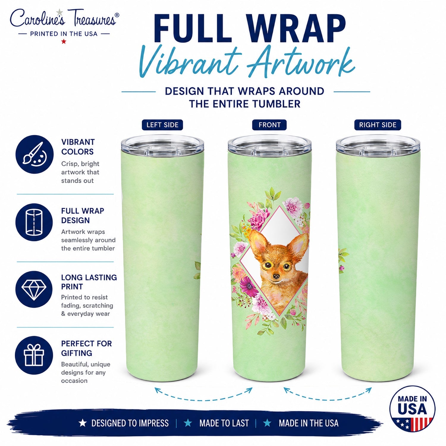 Toy Terrier Green Flowers Stainless Steel Skinny Tumbler 20 oz Vacuum Double Walled Reusable Insulated Travel Cup