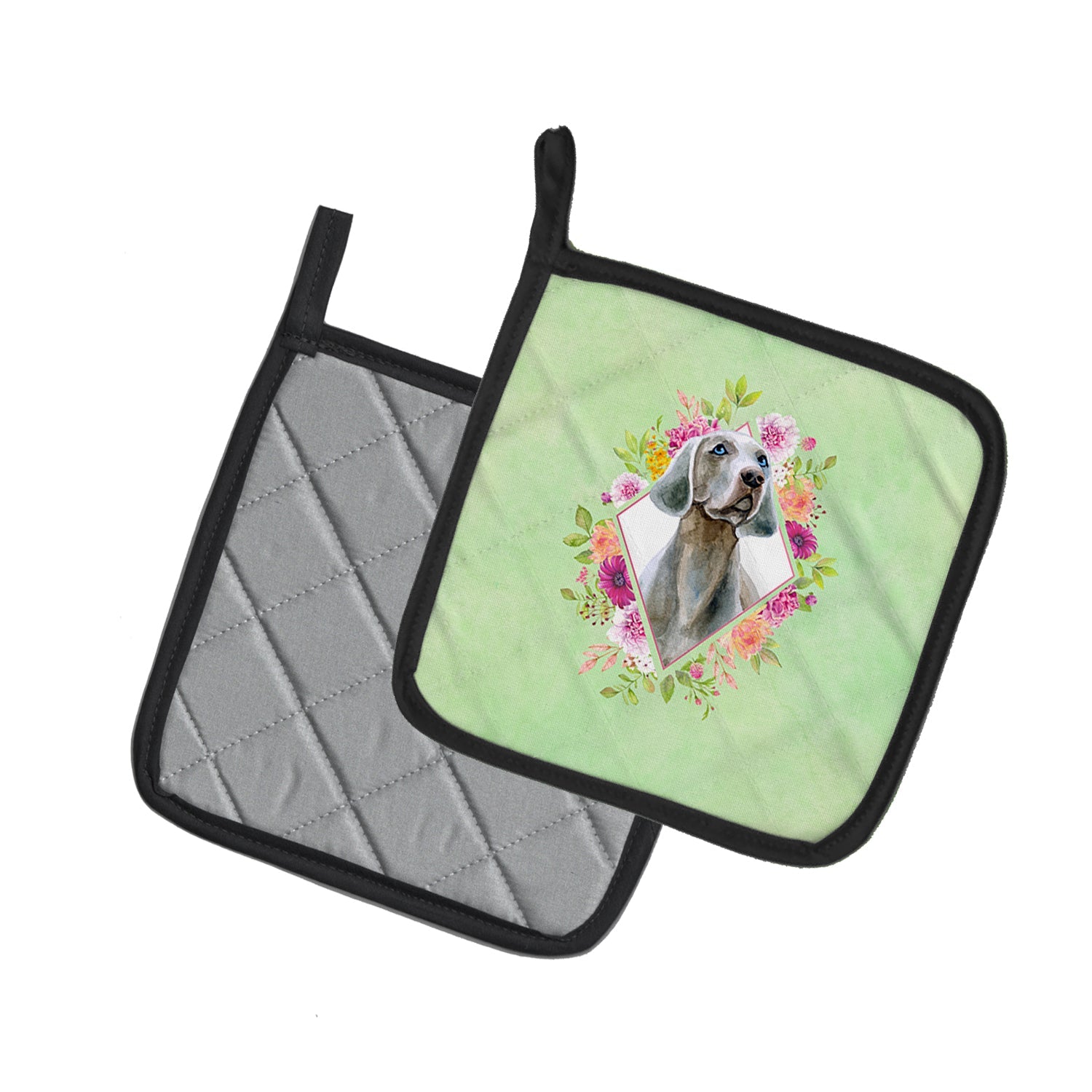 Weimaraner Green Flowers Pot Holder Set of 2 Heat Resistant Quilted Hot Pads 7.5 x 7.5 Inch, Insulated Kitchen Trivets for Cooking & Baking
