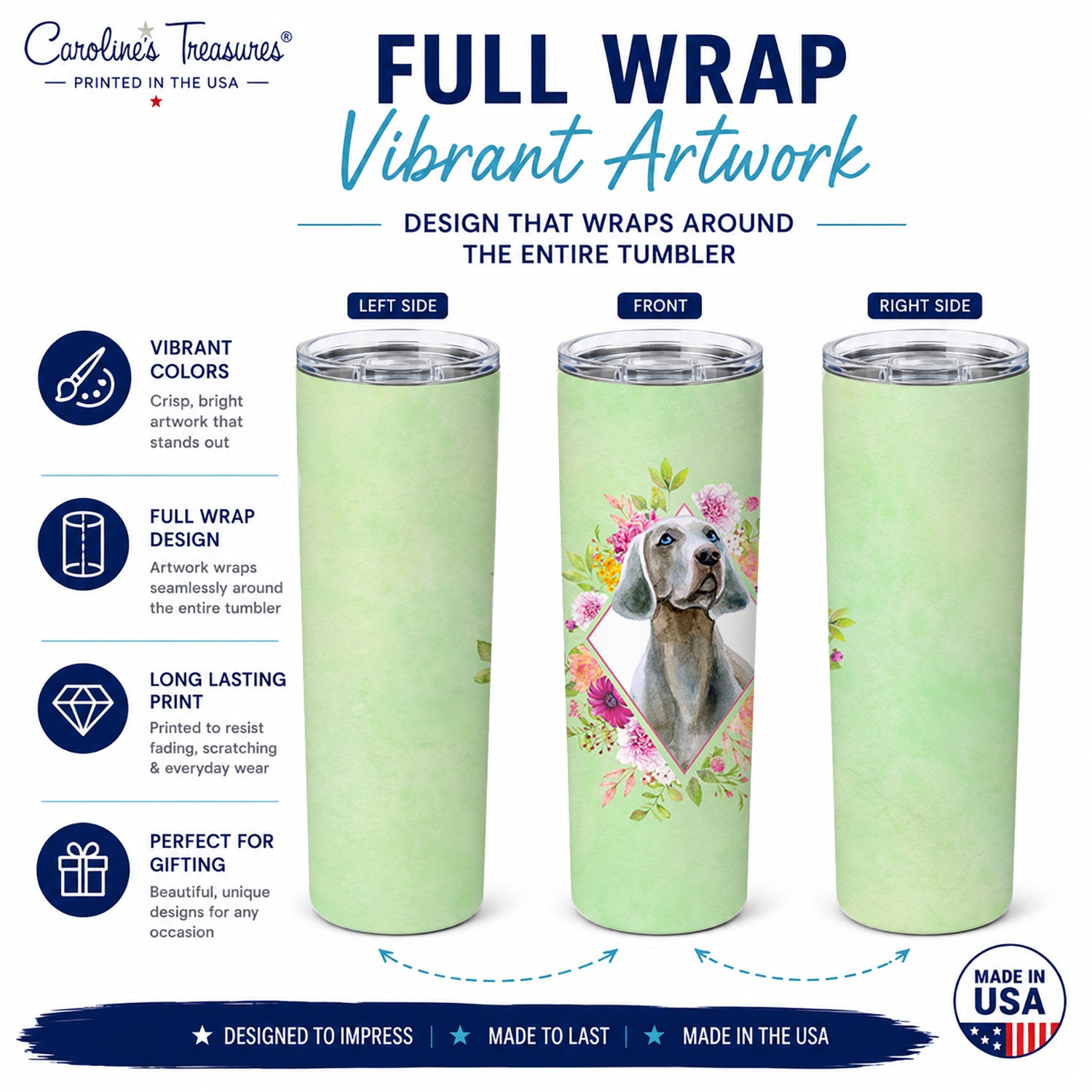 Weimaraner Green Flowers Stainless Steel Skinny Tumbler 20 oz Vacuum Double Walled Reusable Insulated Travel Cup