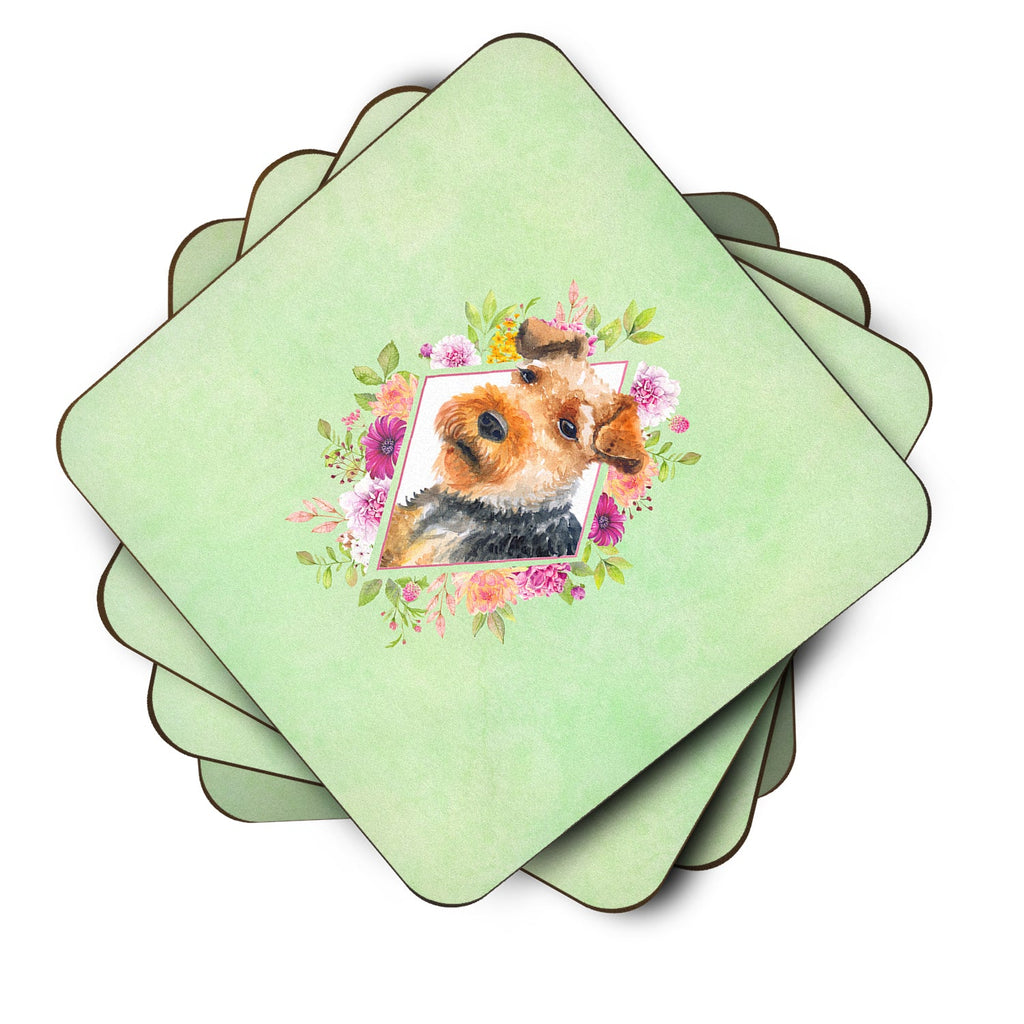 Welsh Terrier Green Flowers Foam Coasters Set of 4 Cup Coasters for Indoor Outdoor, Tabletop Protection, Anti Slip, Mouse pad Material