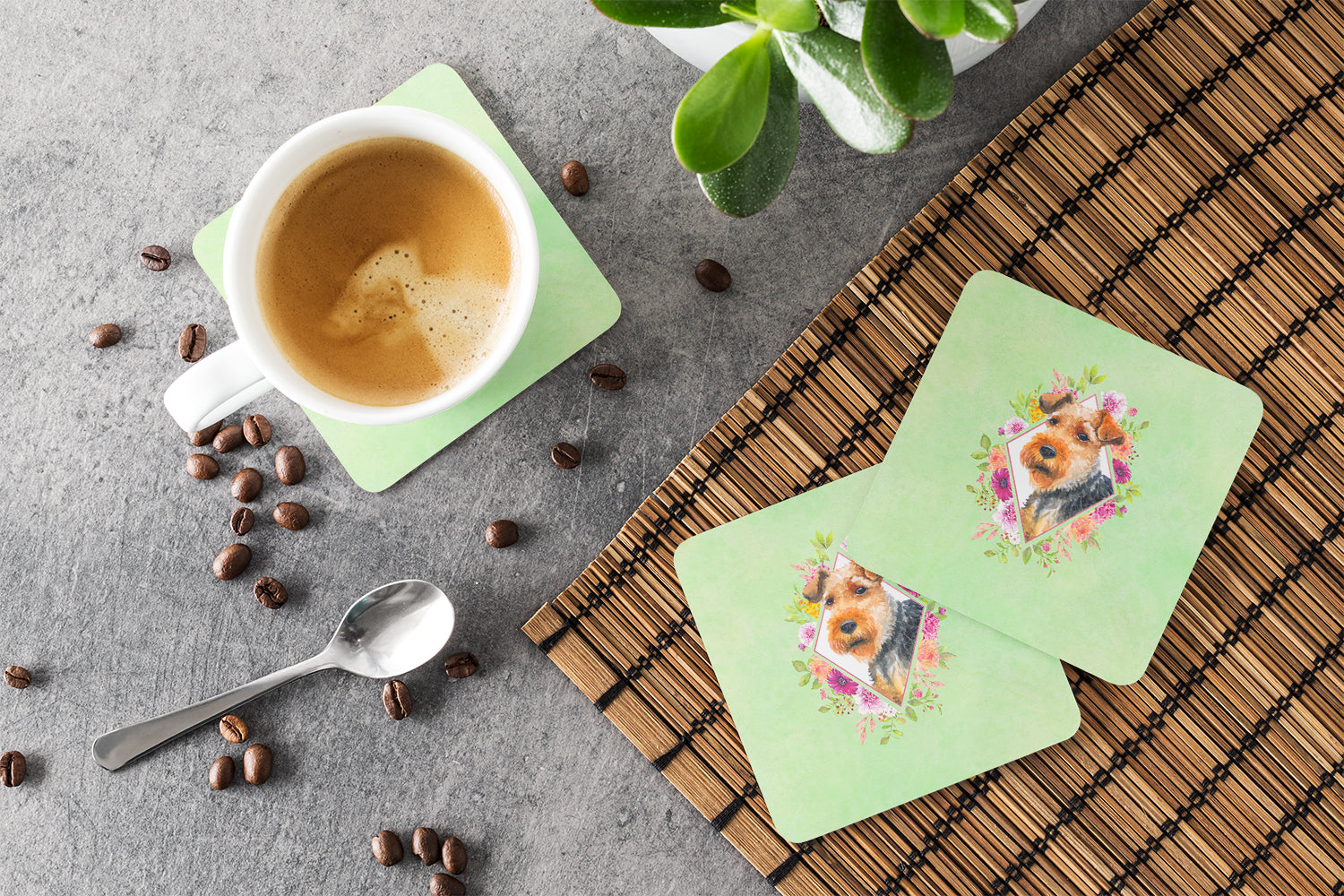 Welsh Terrier Green Flowers Foam Coasters Set of 4 Cup Coasters for Indoor Outdoor, Tabletop Protection, Anti Slip, Mouse pad Material
