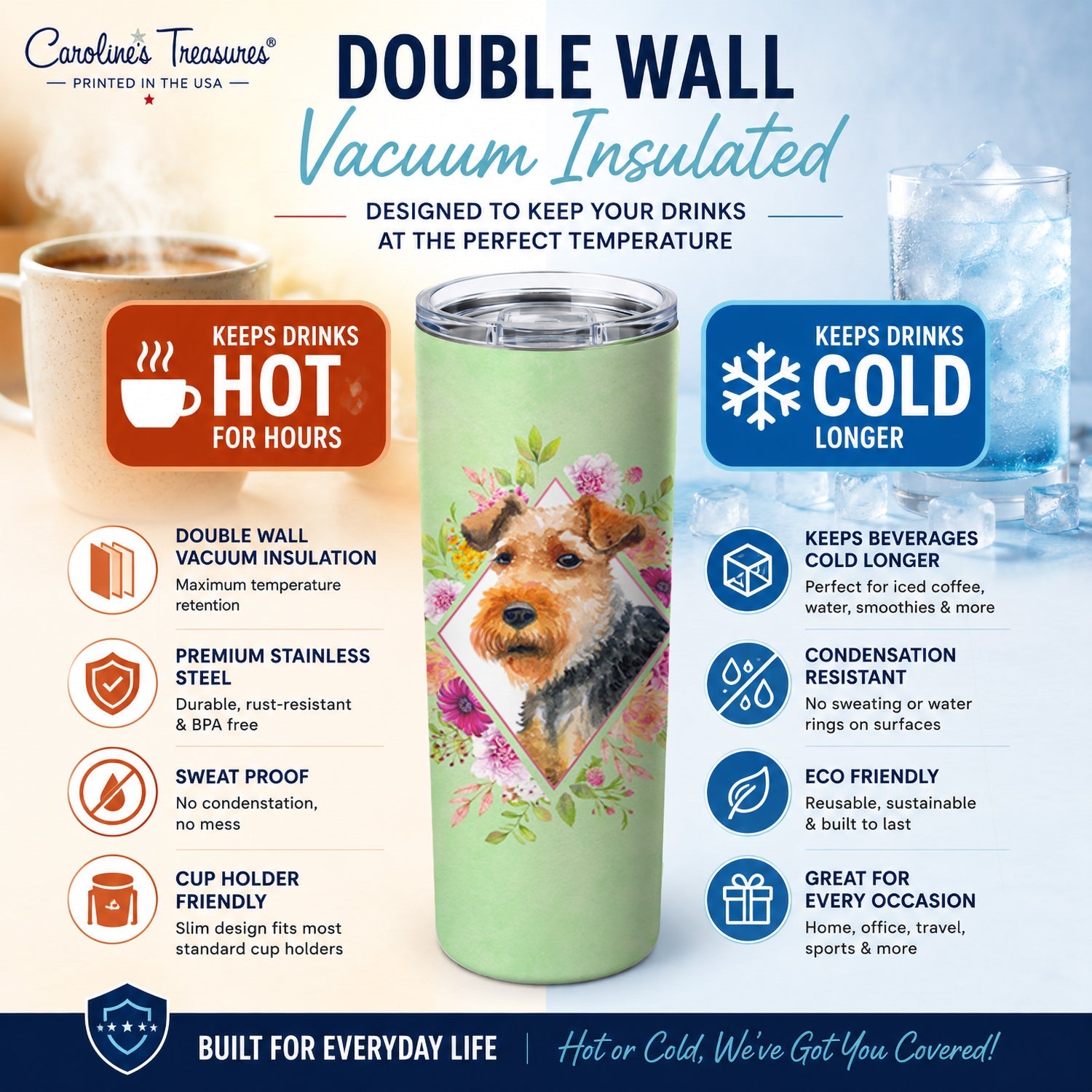 Welsh Terrier Green Flowers Stainless Steel Skinny Tumbler 20 oz Vacuum Double Walled Reusable Insulated Travel Cup
