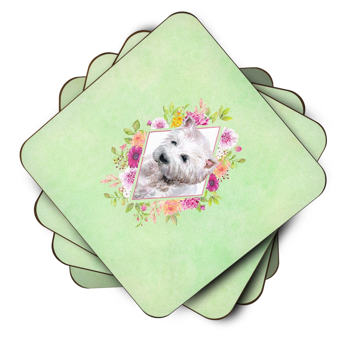 West Highland White Terrier Green Flowers Foam Coasters Set of 4 Cup Coasters for Indoor Outdoor, Tabletop Protection, Anti Slip, Mouse pad Material