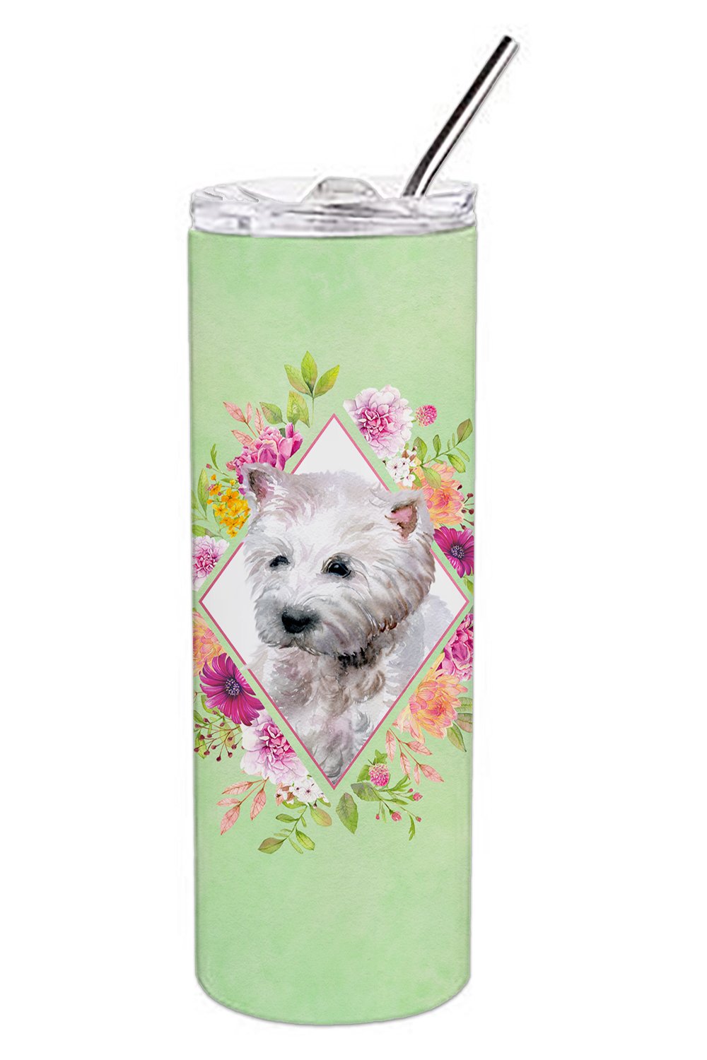 West Highland White Terrier Green Flowers Stainless Steel Skinny Tumbler 20 oz Vacuum Double Walled Reusable Insulated Travel Cup