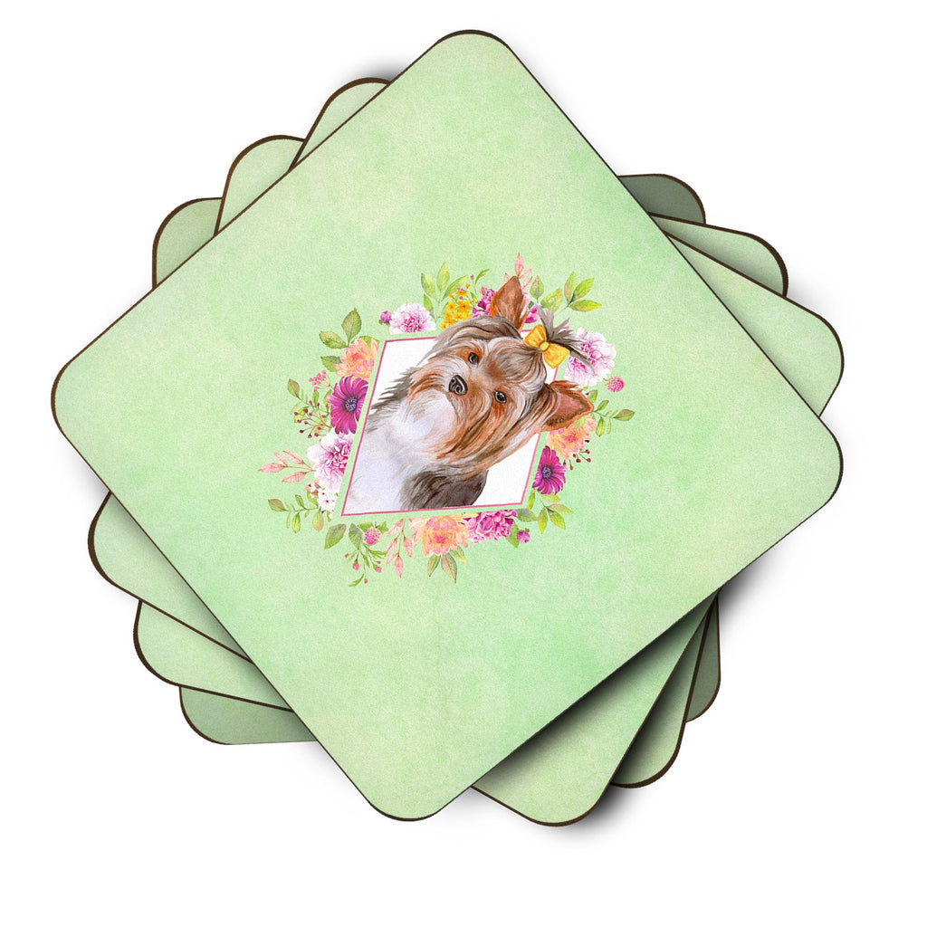Yorkshire Terrier #1 Green Flowers Foam Coasters Set of 4 Cup Coasters for Indoor Outdoor, Tabletop Protection, Anti Slip, Mouse pad Material