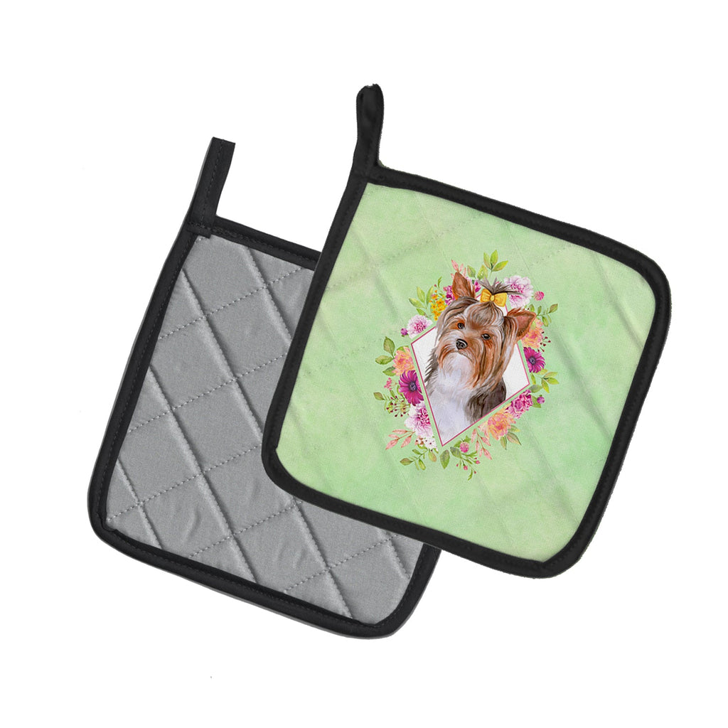 Yorkshire Terrier #1 Green Flowers Pot Holder Set of 2 Heat Resistant Quilted Hot Pads 7.5 x 7.5 Inch, Insulated Kitchen Trivets for Cooking & Baking