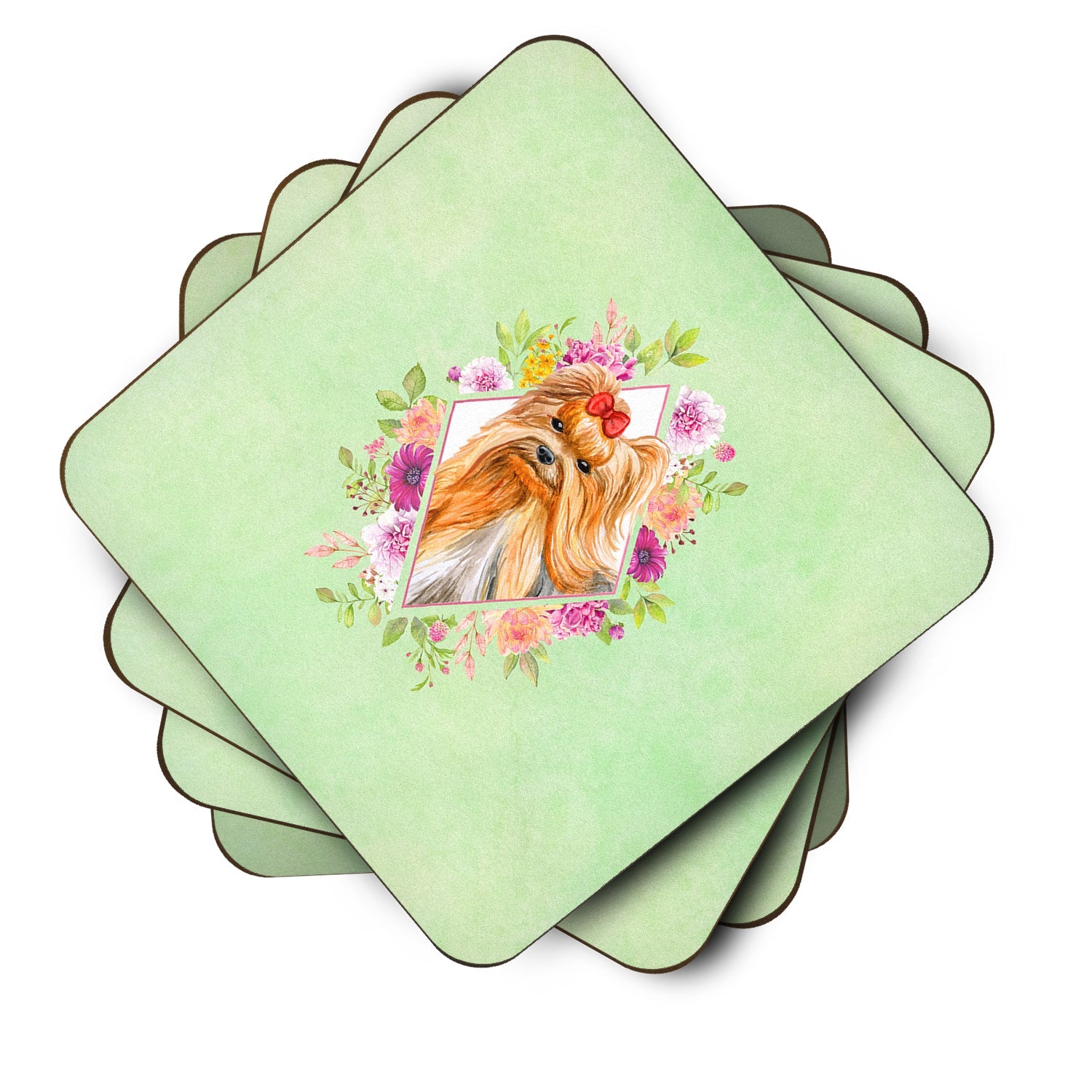 Yorkshire Terrier #2 Green Flowers Foam Coasters Set of 4 Cup Coasters for Indoor Outdoor, Tabletop Protection, Anti Slip, Mouse pad Material