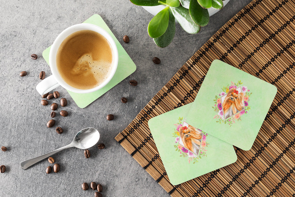 Yorkshire Terrier #2 Green Flowers Foam Coasters Set of 4 Cup Coasters for Indoor Outdoor, Tabletop Protection, Anti Slip, Mouse pad Material
