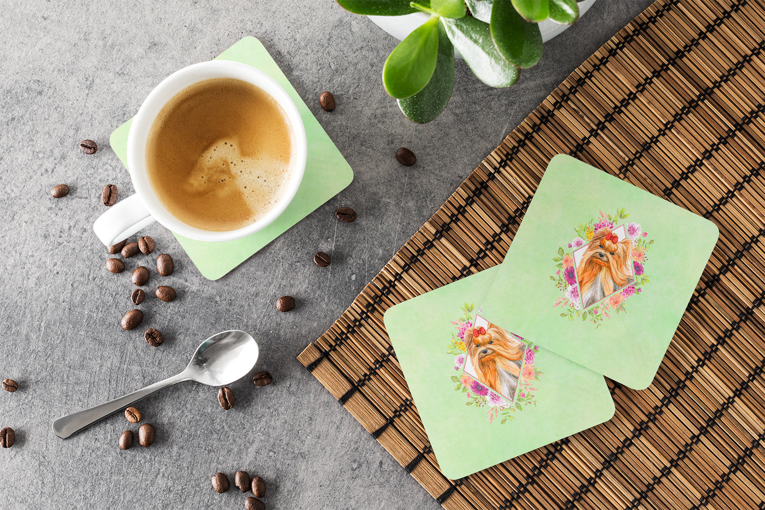 Yorkshire Terrier #2 Green Flowers Foam Coasters Set of 4 Cup Coasters for Indoor Outdoor, Tabletop Protection, Anti Slip, Mouse pad Material