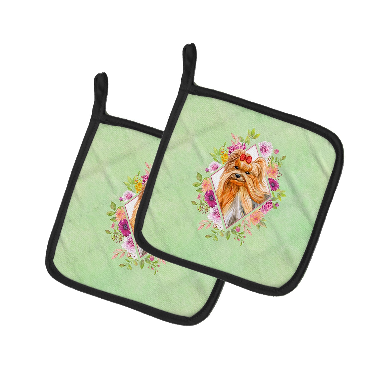 Yorkshire Terrier #2 Green Flowers Pot Holder Set of 2 Heat Resistant Quilted Hot Pads 7.5 x 7.5 Inch, Insulated Kitchen Trivets for Cooking & Baking