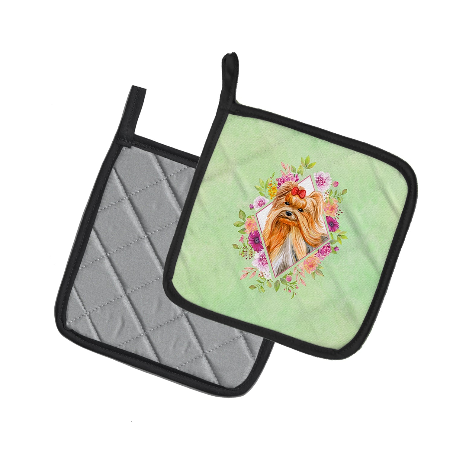 Yorkshire Terrier #2 Green Flowers Pot Holder Set of 2 Heat Resistant Quilted Hot Pads 7.5 x 7.5 Inch, Insulated Kitchen Trivets for Cooking & Baking