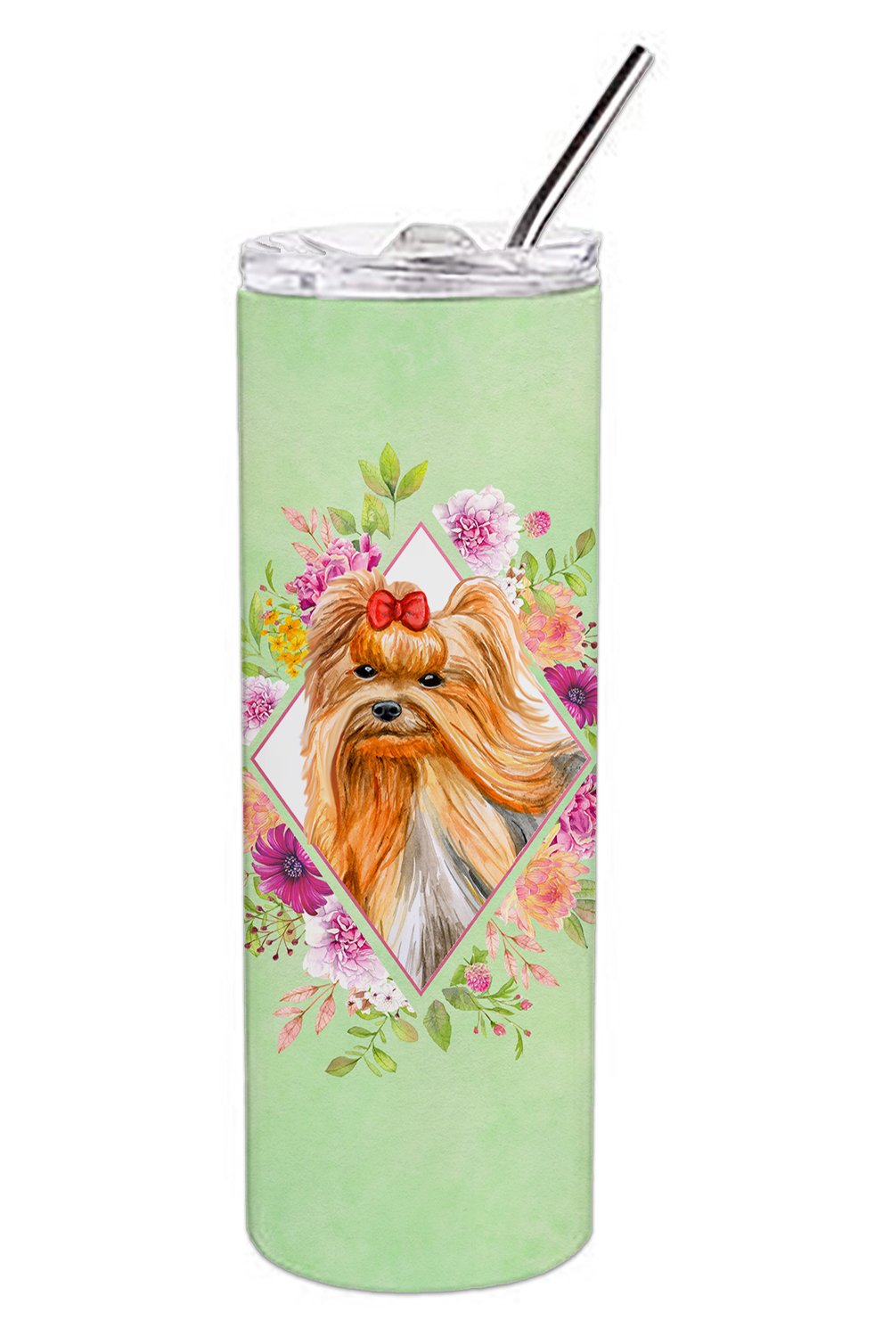 Yorkshire Terrier #2 Green Flowers Stainless Steel Skinny Tumbler 20 oz Vacuum Double Walled Reusable Insulated Travel Cup