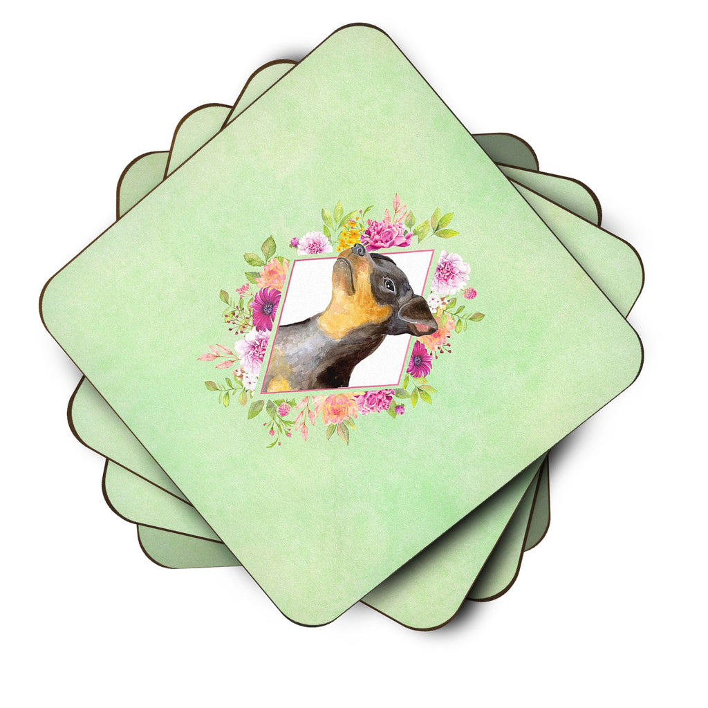Black Miniature Pinscher Green Flowers Foam Coasters Set of 4 Cup Coasters for Indoor Outdoor, Tabletop Protection, Anti Slip, Mouse pad Material