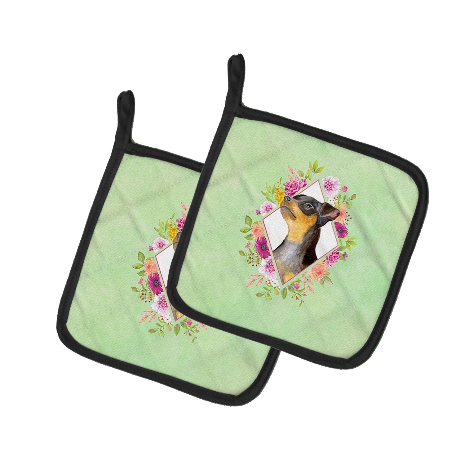Black Miniature Pinscher Green Flowers Pot Holder Set of 2 Heat Resistant Quilted Hot Pads 7.5 x 7.5 Inch, Insulated Kitchen Trivets for Cooking & Baking