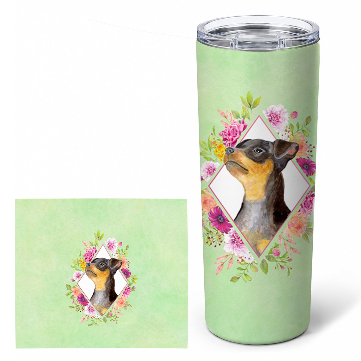 Black Miniature Pinscher Green Flowers Stainless Steel Skinny Tumbler 20 oz Vacuum Double Walled Reusable Insulated Travel Cup