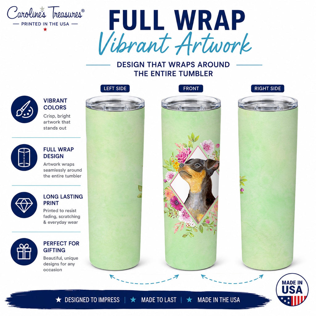 Black Miniature Pinscher Green Flowers Stainless Steel Skinny Tumbler 20 oz Vacuum Double Walled Reusable Insulated Travel Cup