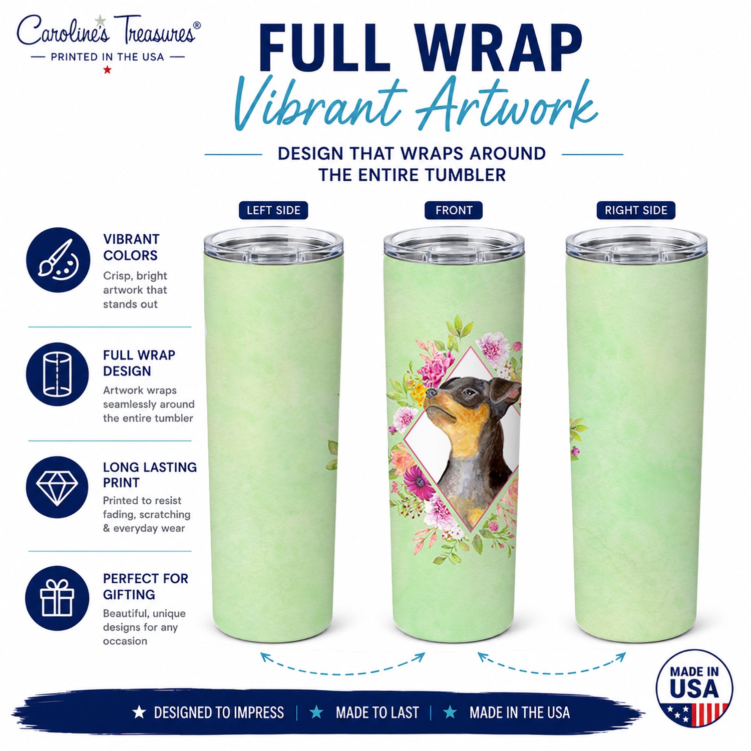 Black Miniature Pinscher Green Flowers Stainless Steel Skinny Tumbler 20 oz Vacuum Double Walled Reusable Insulated Travel Cup
