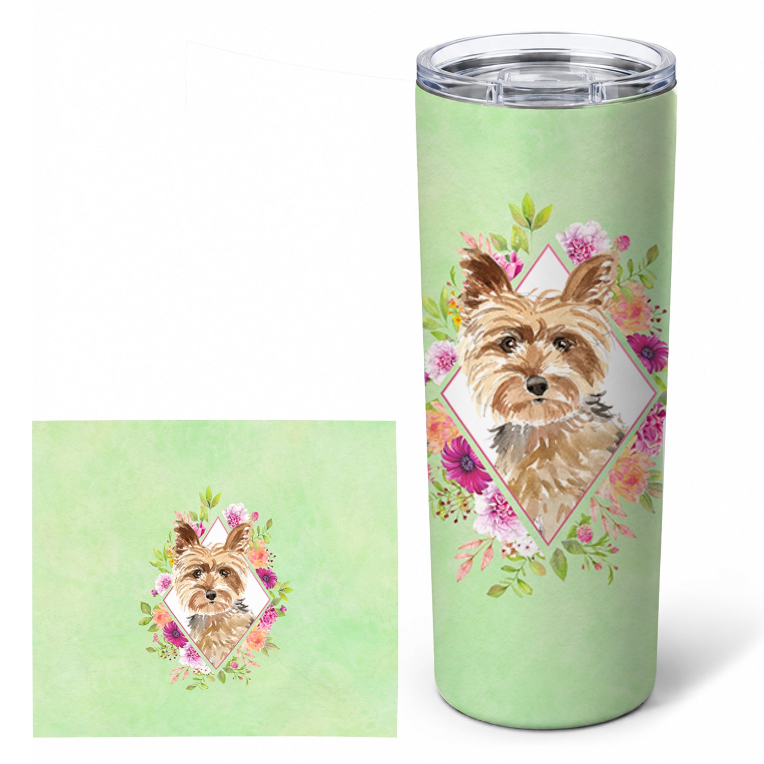 Yorkie Green Flowers Stainless Steel Skinny Tumbler 20 oz Vacuum Double Walled Reusable Insulated Travel Cup