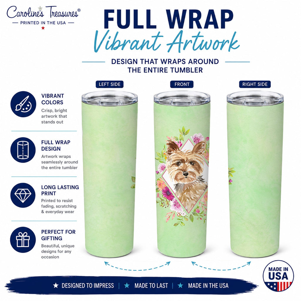Yorkie Green Flowers Stainless Steel Skinny Tumbler 20 oz Vacuum Double Walled Reusable Insulated Travel Cup