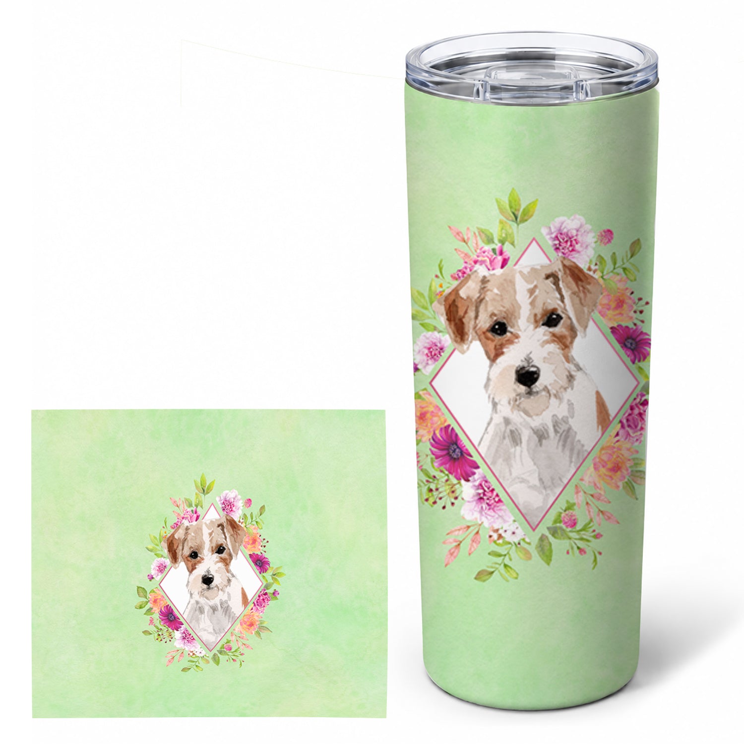 Jack Russell Terrier Green Flowers Stainless Steel Skinny Tumbler 20 oz Vacuum Double Walled Reusable Insulated Travel Cup