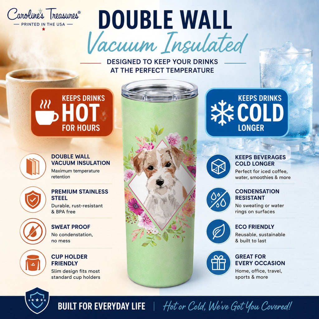 Jack Russell Terrier Green Flowers Stainless Steel Skinny Tumbler 20 oz Vacuum Double Walled Reusable Insulated Travel Cup