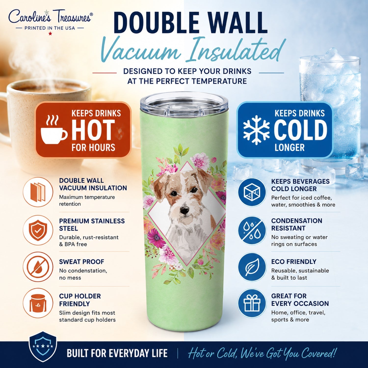 Jack Russell Terrier Green Flowers Stainless Steel Skinny Tumbler 20 oz Vacuum Double Walled Reusable Insulated Travel Cup