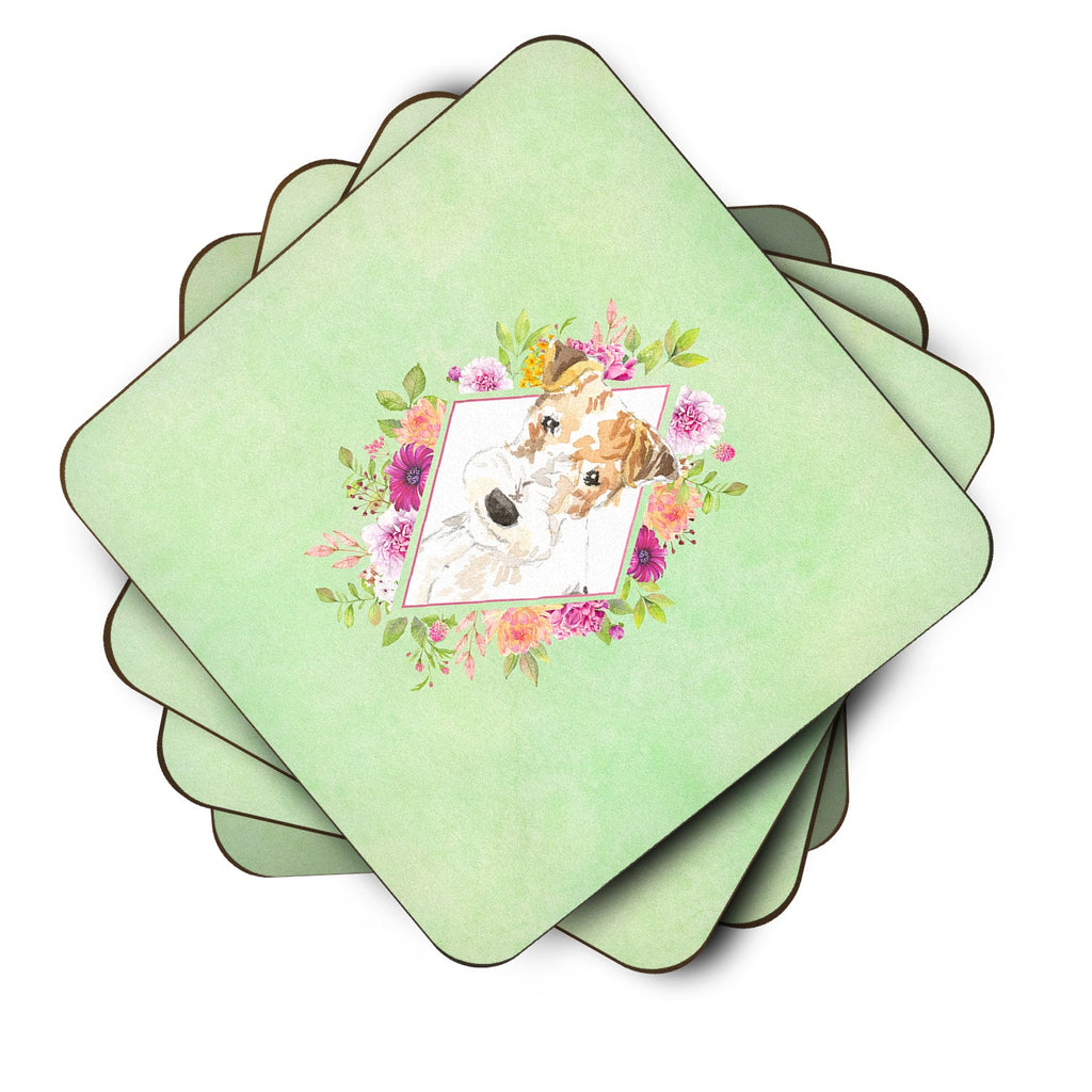 Fox Terrier Green Flowers Foam Coasters Set of 4 Cup Coasters for Indoor Outdoor, Tabletop Protection, Anti Slip, Mouse pad Material