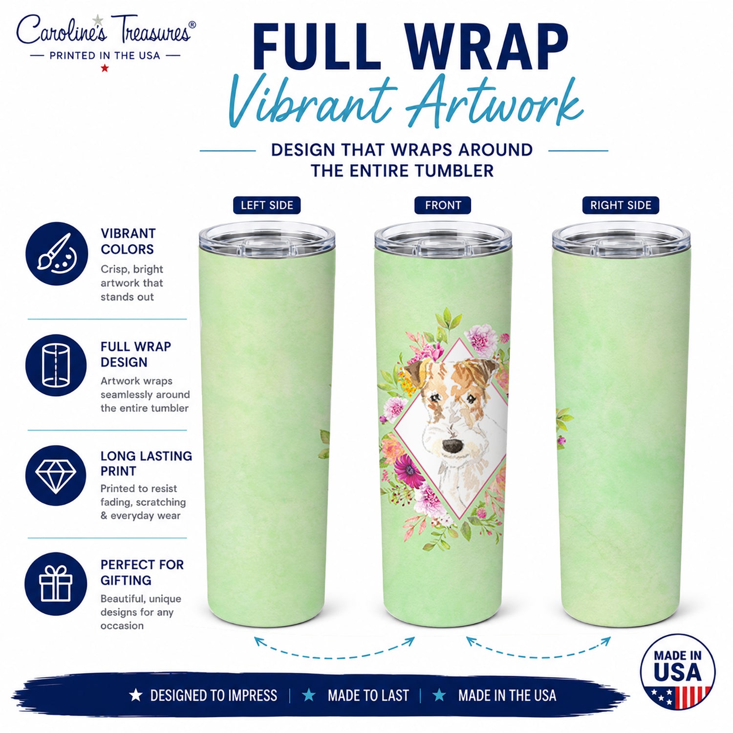 Fox Terrier Green Flowers Stainless Steel Skinny Tumbler 20 oz Vacuum Double Walled Reusable Insulated Travel Cup