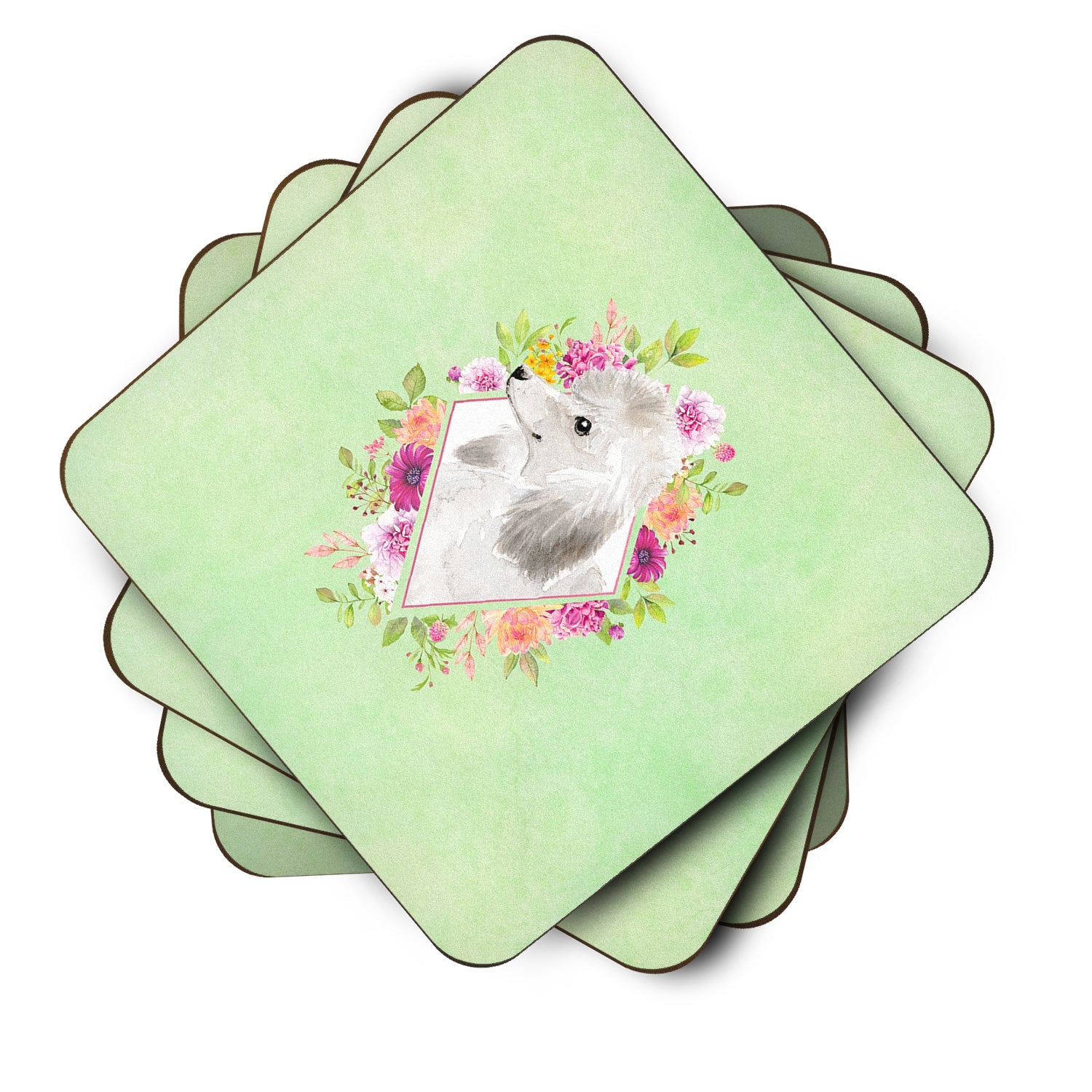 White Standard Poodle Green Flowers Foam Coasters Set of 4 Cup Coasters for Indoor Outdoor, Tabletop Protection, Anti Slip, Mouse pad Material