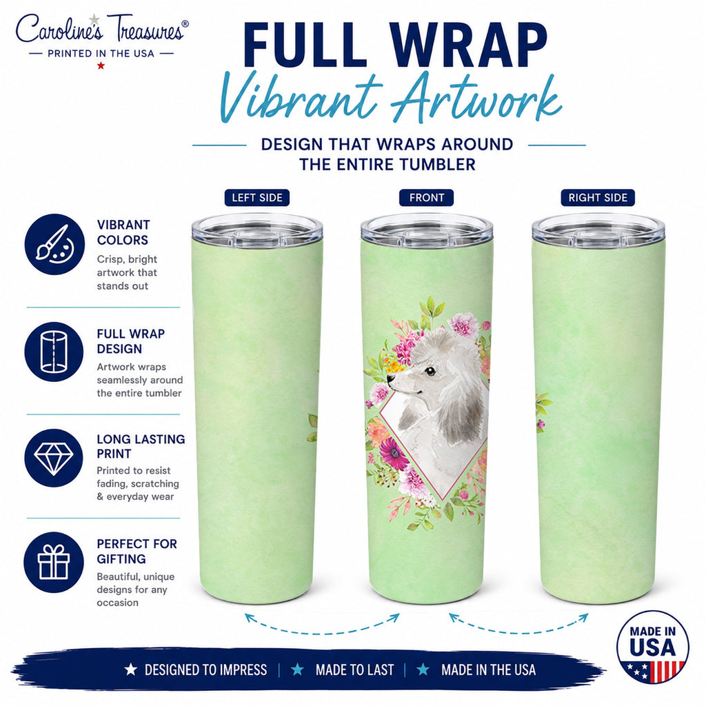 White Standard Poodle Green Flowers Stainless Steel Skinny Tumbler 20 oz Vacuum Double Walled Reusable Insulated Travel Cup