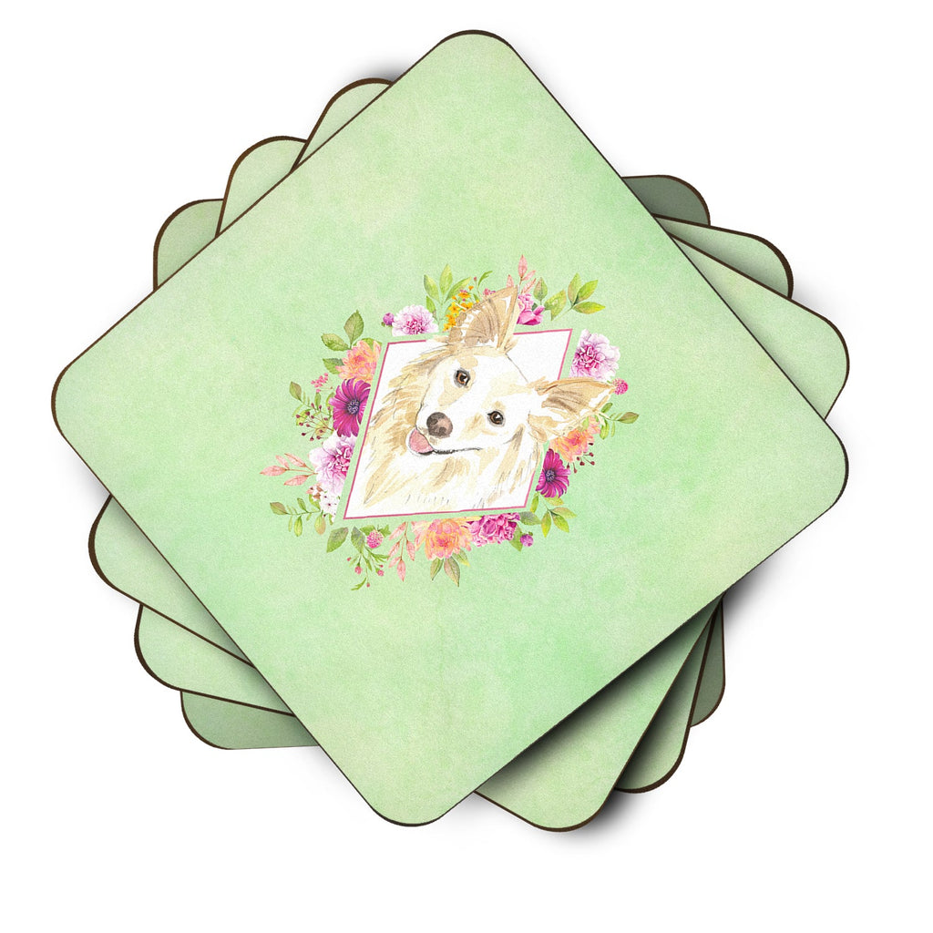 White Collie Green Flowers Foam Coasters Set of 4 Cup Coasters for Indoor Outdoor, Tabletop Protection, Anti Slip, Mouse pad Material