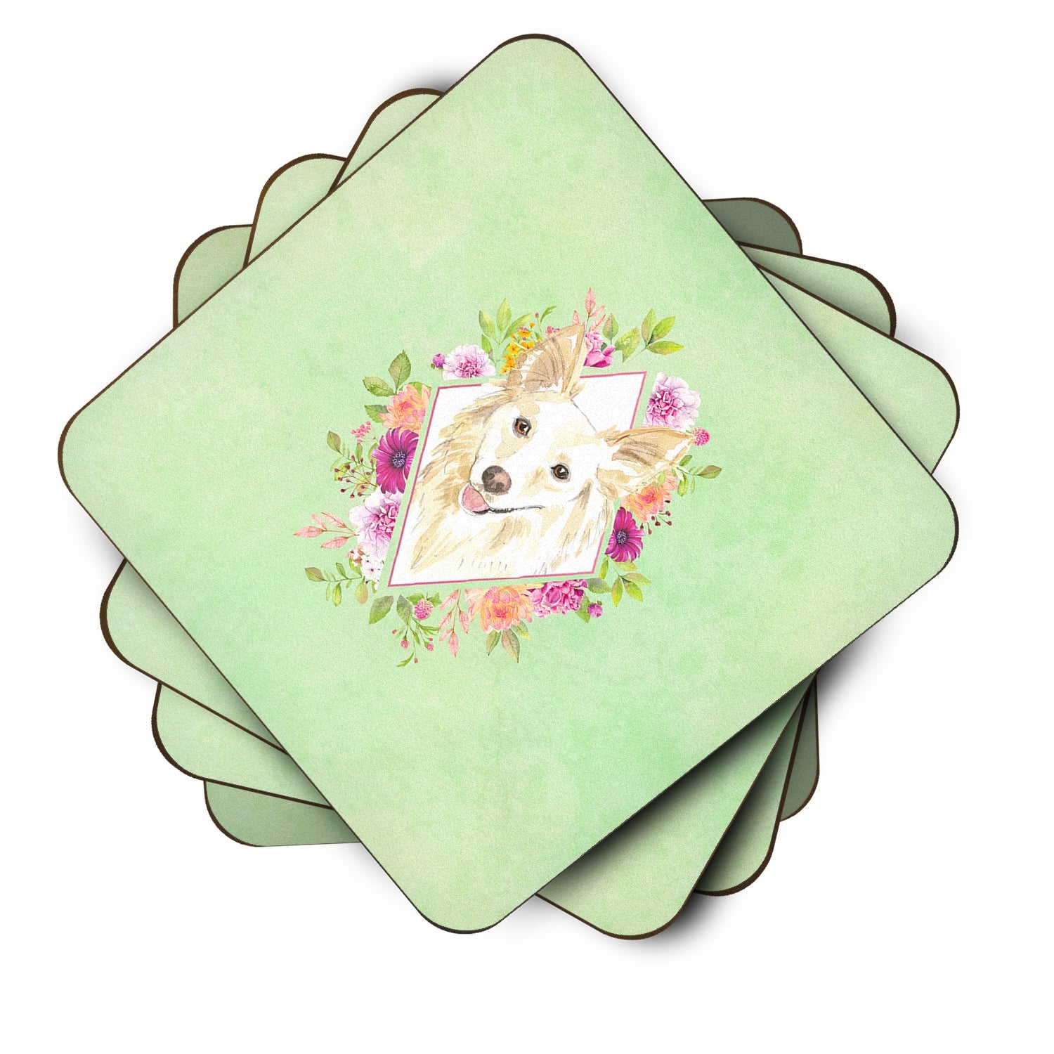 White Collie Green Flowers Foam Coasters Set of 4 Cup Coasters for Indoor Outdoor, Tabletop Protection, Anti Slip, Mouse pad Material