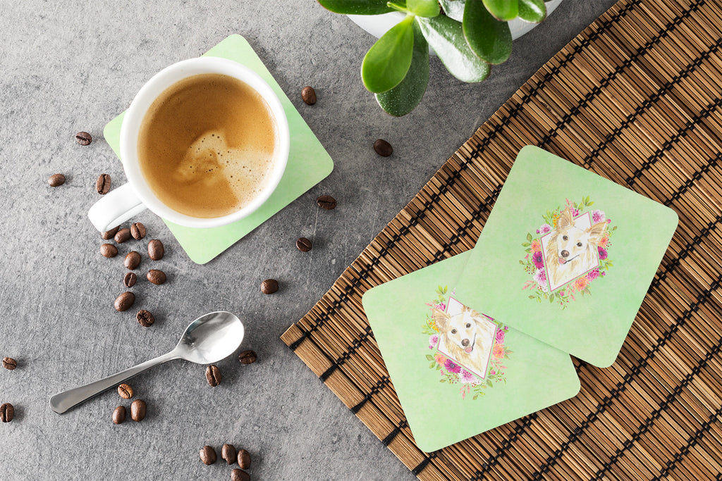 White Collie Green Flowers Foam Coasters Set of 4 Cup Coasters for Indoor Outdoor, Tabletop Protection, Anti Slip, Mouse pad Material