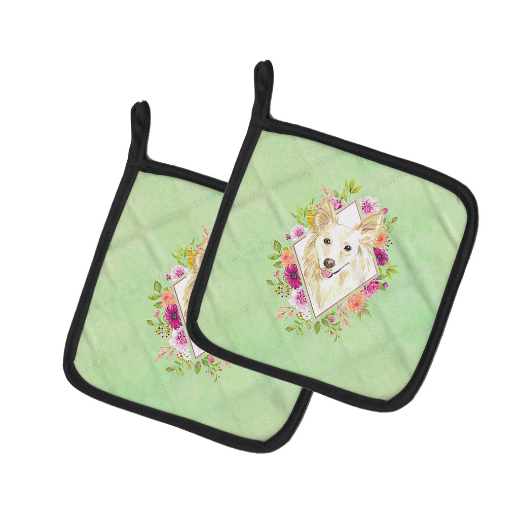 White Collie Green Flowers Pot Holder Set of 2 Heat Resistant Quilted Hot Pads 7.5 x 7.5 Inch, Insulated Kitchen Trivets for Cooking & Baking