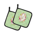 White Collie Green Flowers Pot Holder Set of 2 Heat Resistant Quilted Hot Pads 7.5 x 7.5 Inch, Insulated Kitchen Trivets for Cooking & Baking