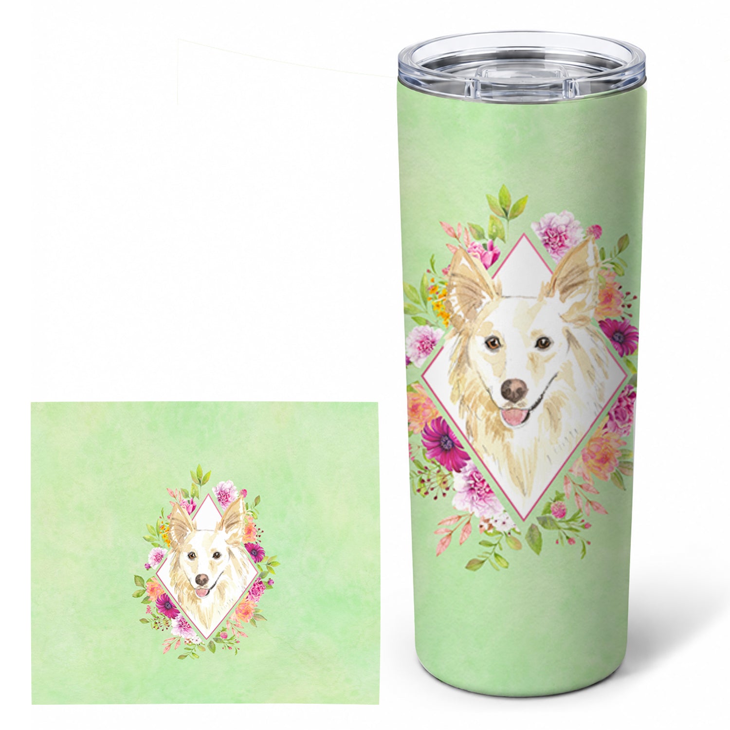 White Collie Green Flowers Stainless Steel Skinny Tumbler 20 oz Vacuum Double Walled Reusable Insulated Travel Cup