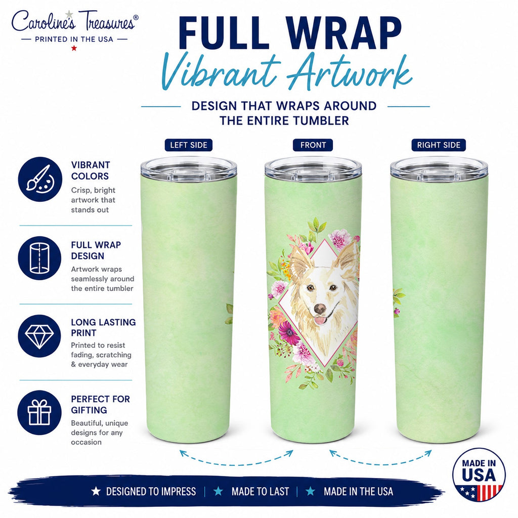 White Collie Green Flowers Stainless Steel Skinny Tumbler 20 oz Vacuum Double Walled Reusable Insulated Travel Cup