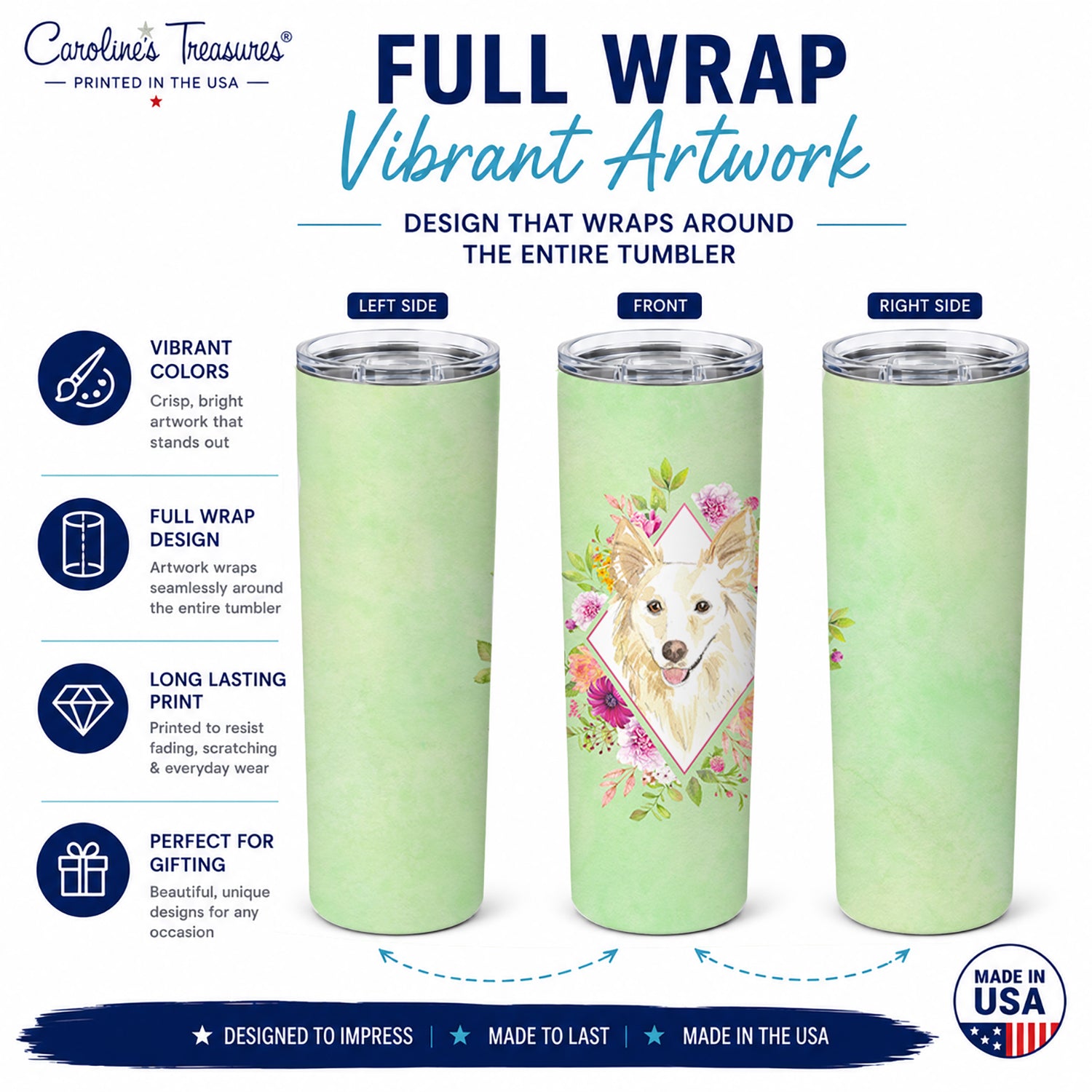 White Collie Green Flowers Stainless Steel Skinny Tumbler 20 oz Vacuum Double Walled Reusable Insulated Travel Cup