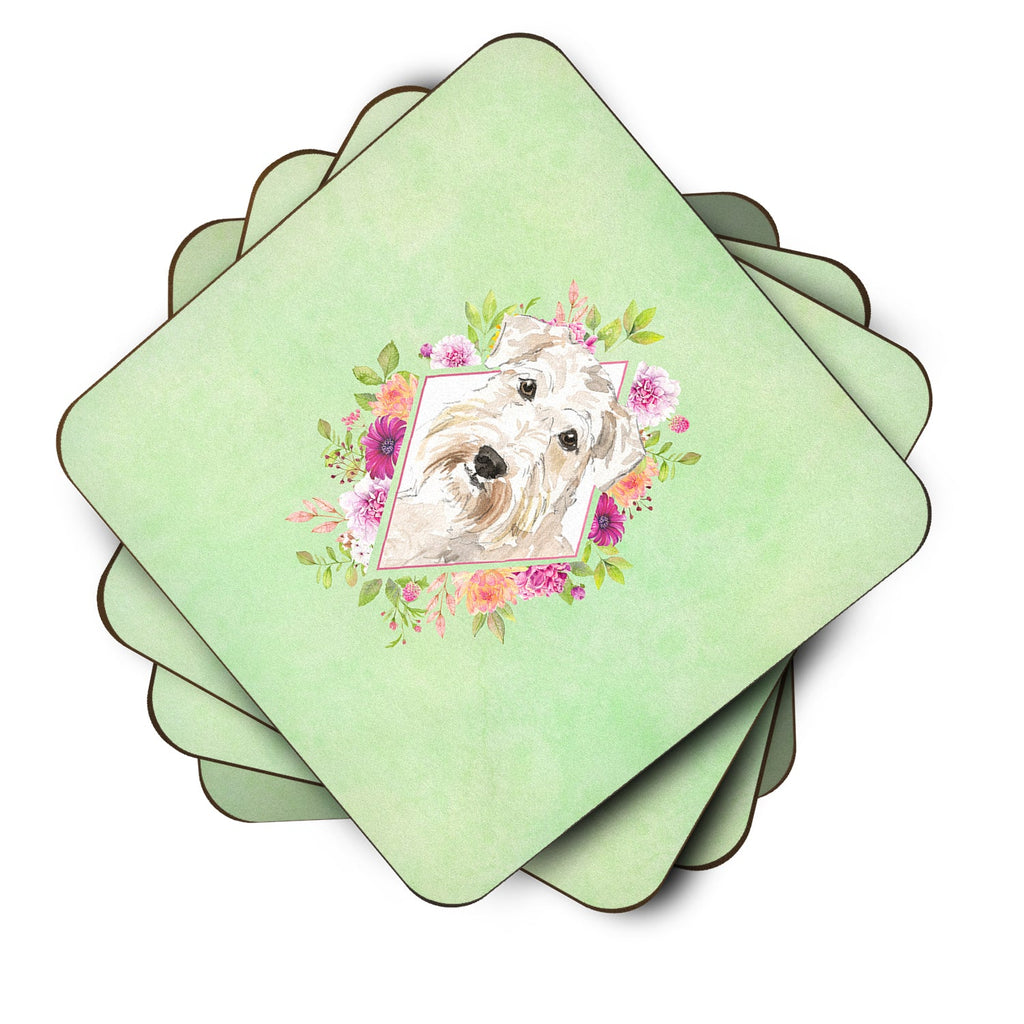 Wheaten Terrier Green Flowers Foam Coasters Set of 4 Cup Coasters for Indoor Outdoor, Tabletop Protection, Anti Slip, Mouse pad Material