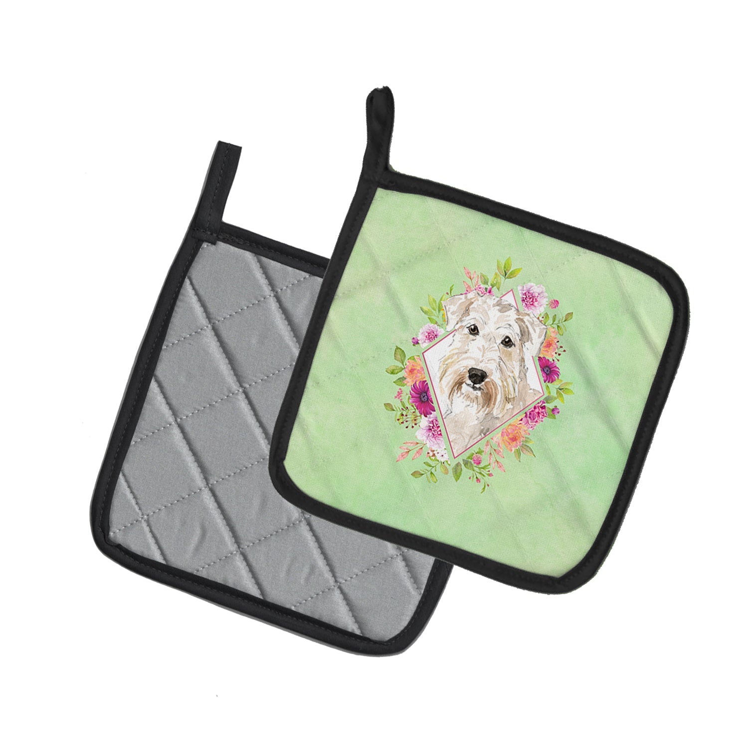 Wheaten Terrier Green Flowers Pot Holder Set of 2 Heat Resistant Quilted Hot Pads 7.5 x 7.5 Inch, Insulated Kitchen Trivets for Cooking & Baking
