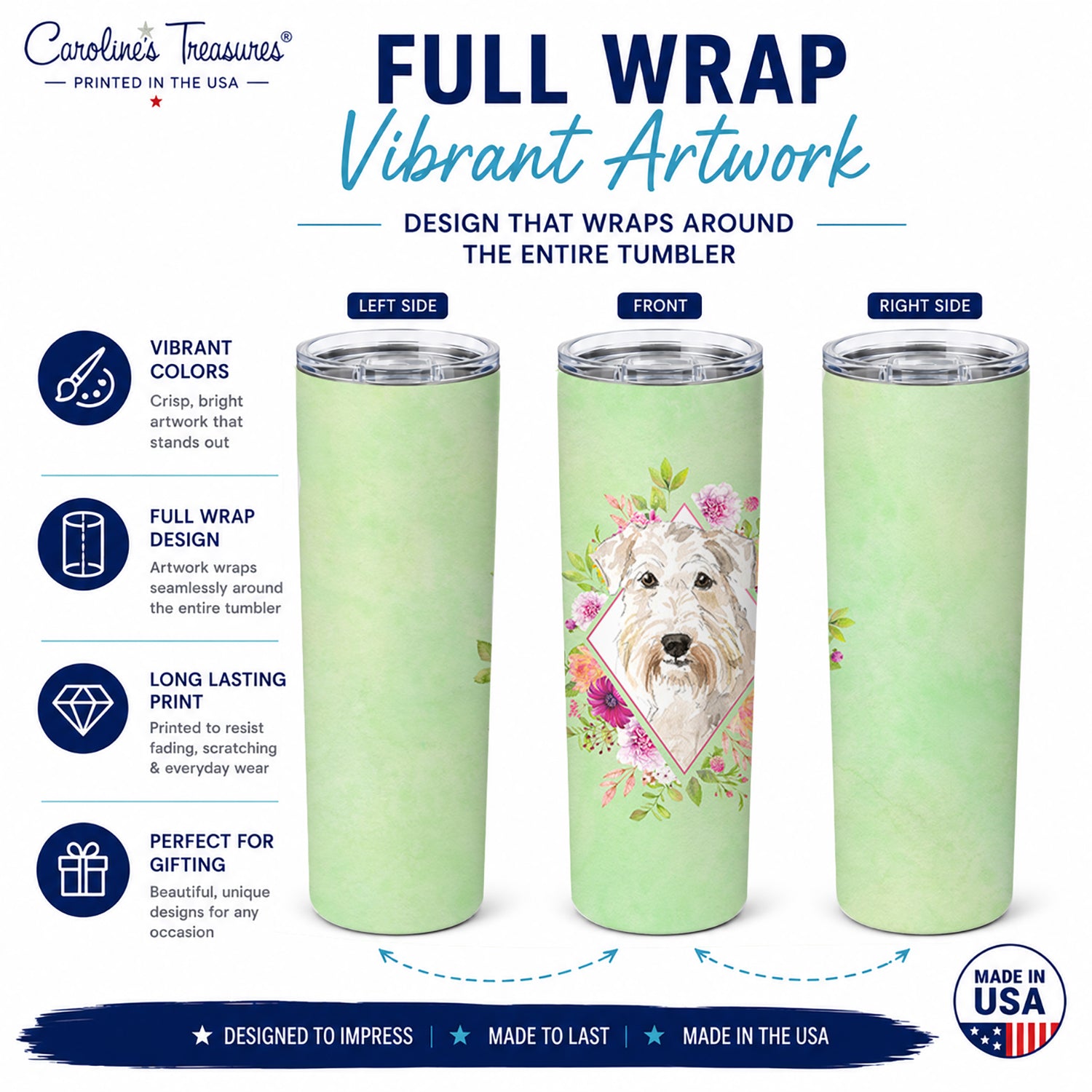 Wheaten Terrier Green Flowers Stainless Steel Skinny Tumbler 20 oz Vacuum Double Walled Reusable Insulated Travel Cup
