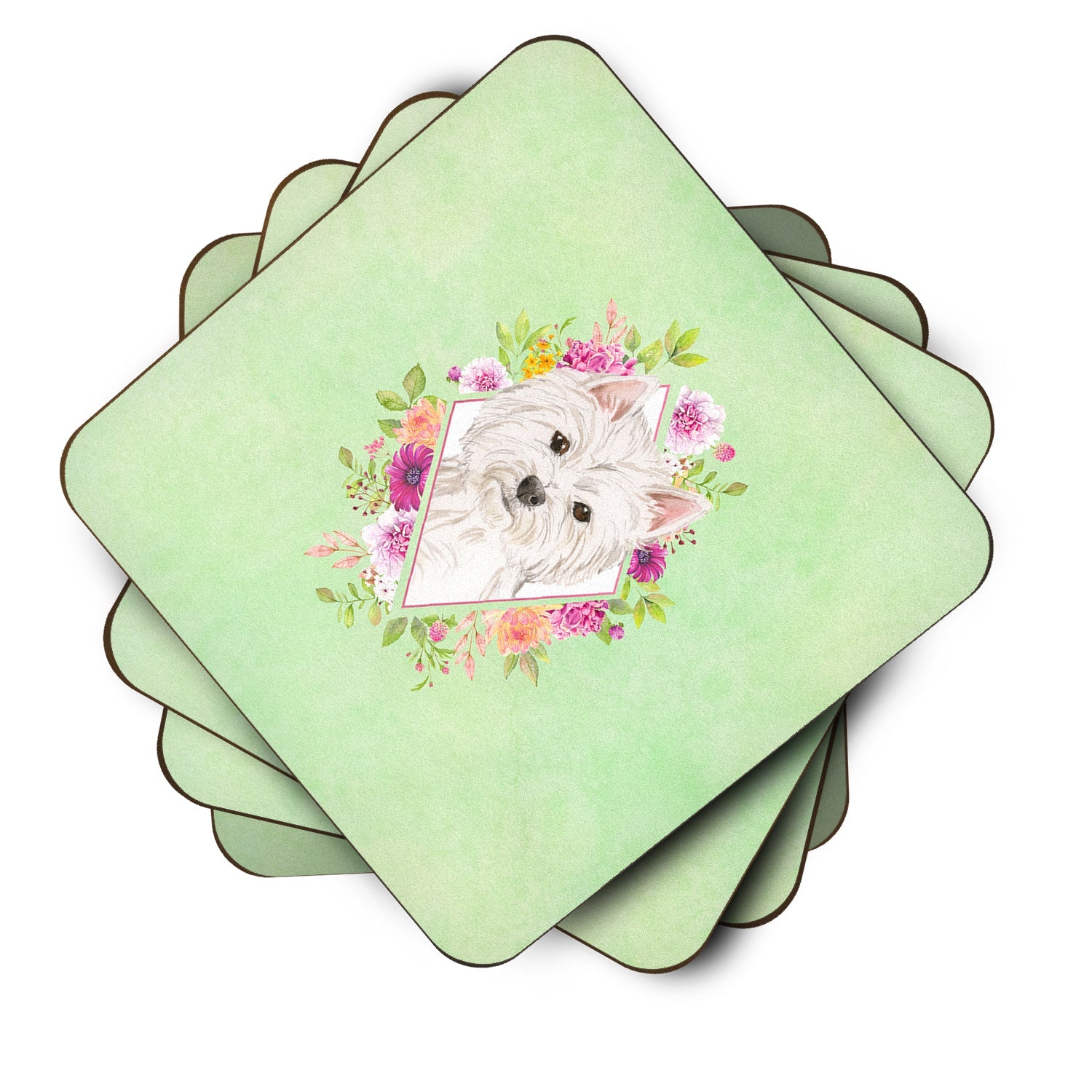 Westie  Green Flowers Foam Coasters Set of 4 Cup Coasters for Indoor Outdoor, Tabletop Protection, Anti Slip, Mouse pad Material