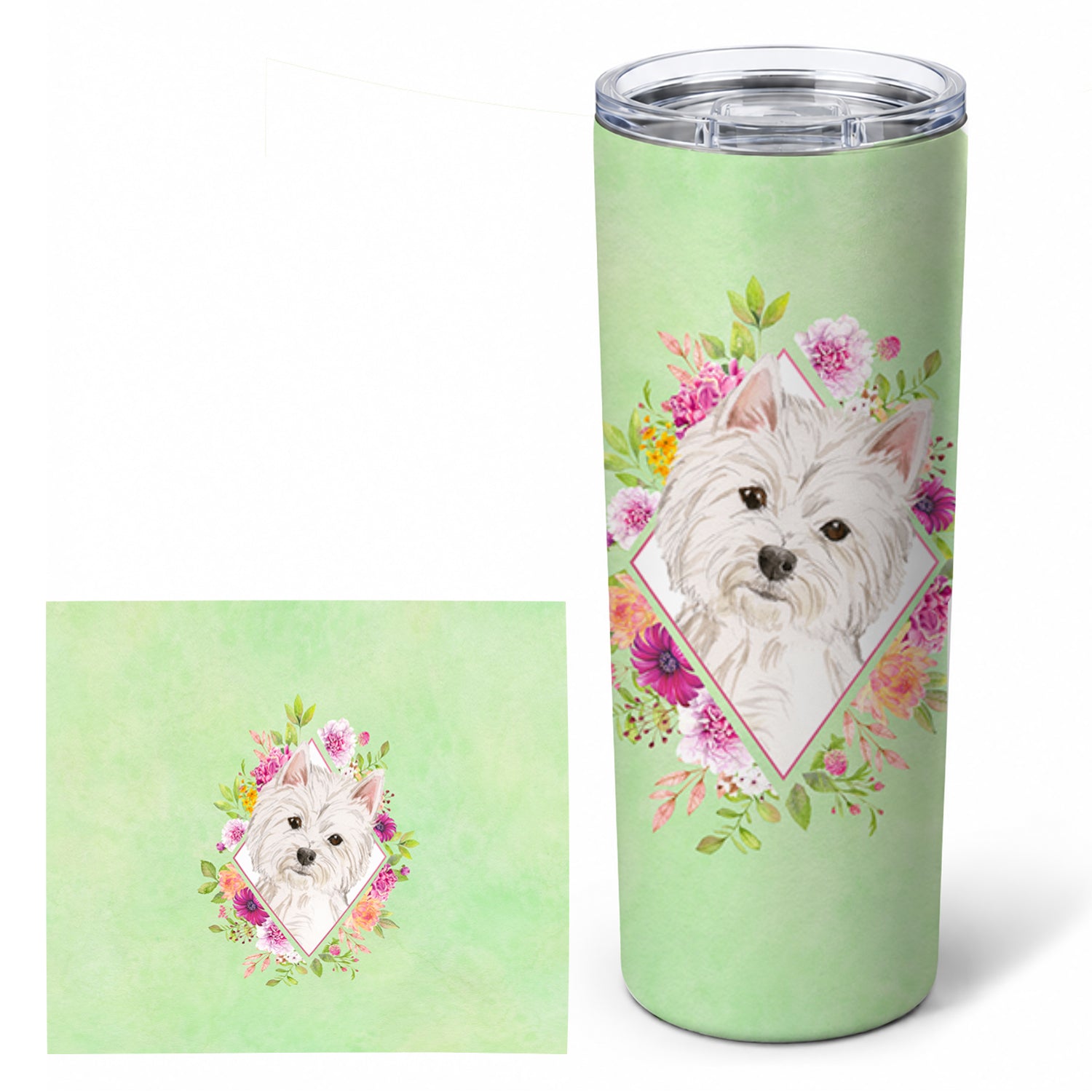 Westie  Green Flowers Stainless Steel Skinny Tumbler 20 oz Vacuum Double Walled Reusable Insulated Travel Cup