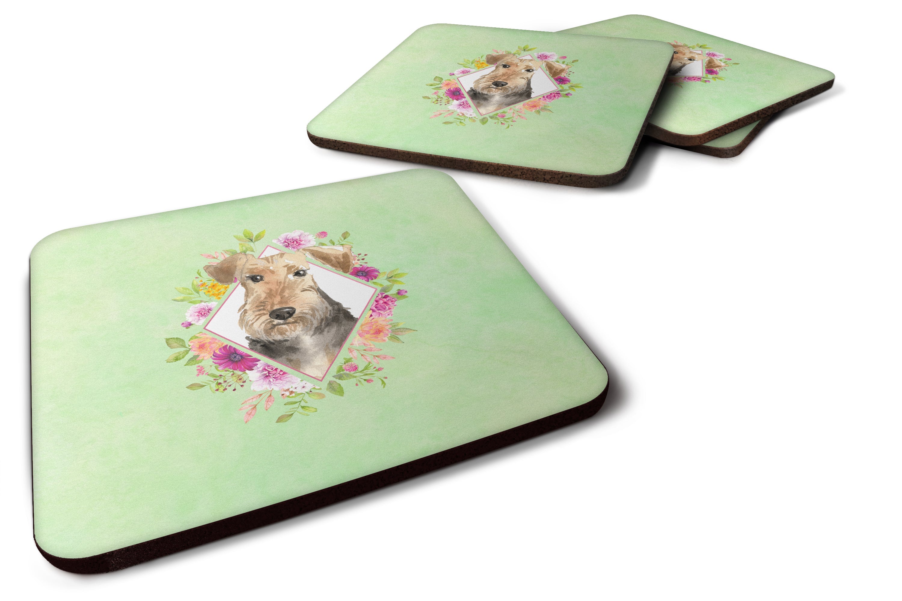 Airedale Terrier Green Flowers Foam Coasters Set of 4 Cup Coasters for Indoor Outdoor, Tabletop Protection, Anti Slip, Mouse pad Material